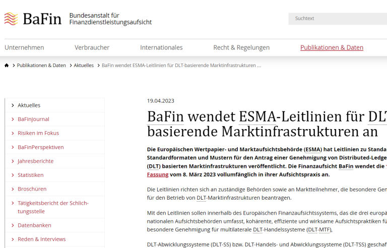 BaFin wendet ESMA-Leitlinien für DLT-basierende Marktinfrastrukturen an